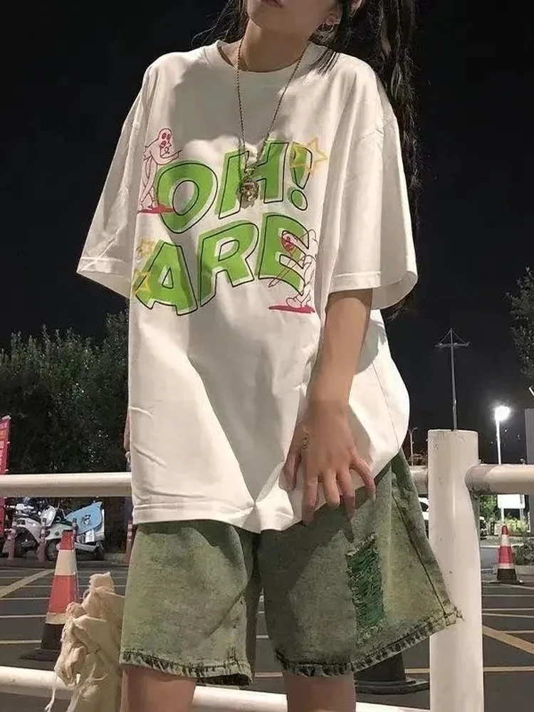 Mùa Hè 2022 Bông Tai Kẹp In Chữ T Áo Sơ Mi Nữ Gót Thời Trang Áo Thun Nữ Tay Ngắn TEE Trắng Áo Kpop Quần Áo Nữ