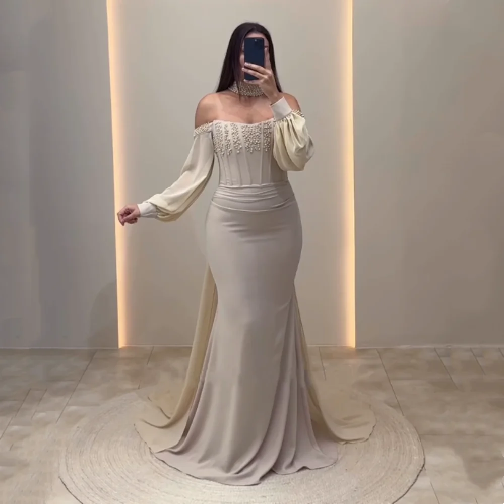 

Customized Glitter Beading Off-the-shoulder Mermaid Midi Dresses Formal Evening Dress Bespoke Occasion Long Shawl Elegant Party