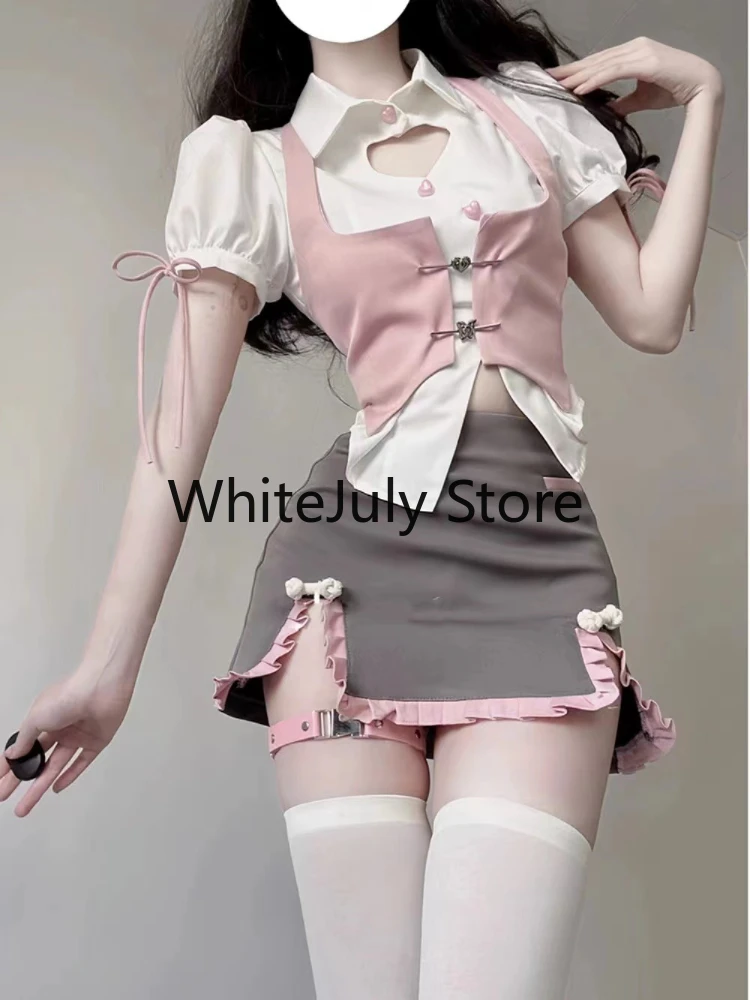 French Elegant Y2k Party Suits Style Female Puff Sleeve Blouse + Pink Vest + Mini Skirts 2023 Summer Korean Fashion Outfits