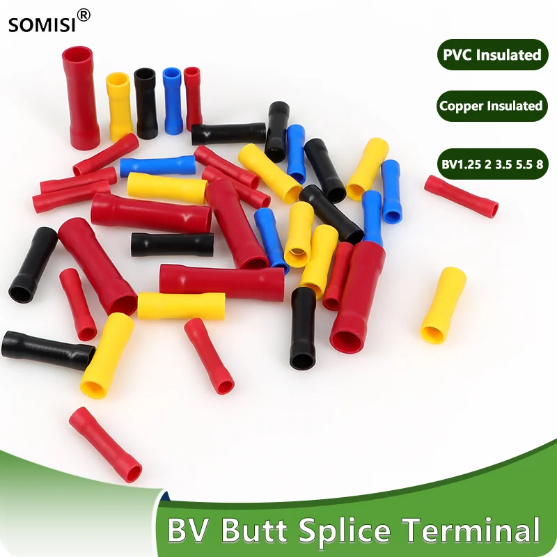 10~200pcs  BV1.25 BV2 BV3.5 BV5.5 BV8 Straight Butt Wire Terminals Splice Insulated Crimp PVC Copper Tube Electrical Cable
