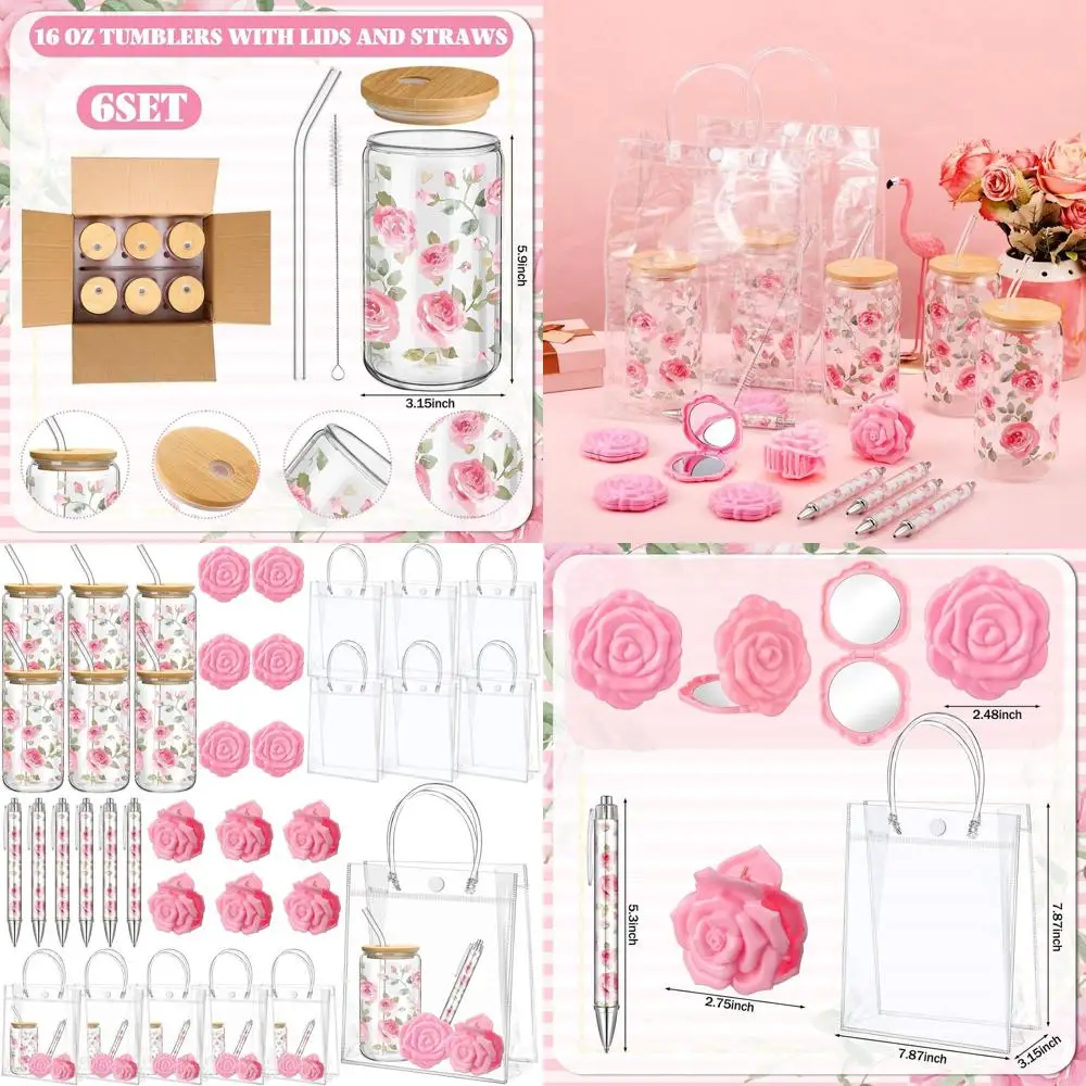 

Pink Floral 17oz Tumblers with Lids & Straws, Mirrors, Pens, Hair Clips, and Gift Bags for Baby Shower, Bridal Shower, and Weddi