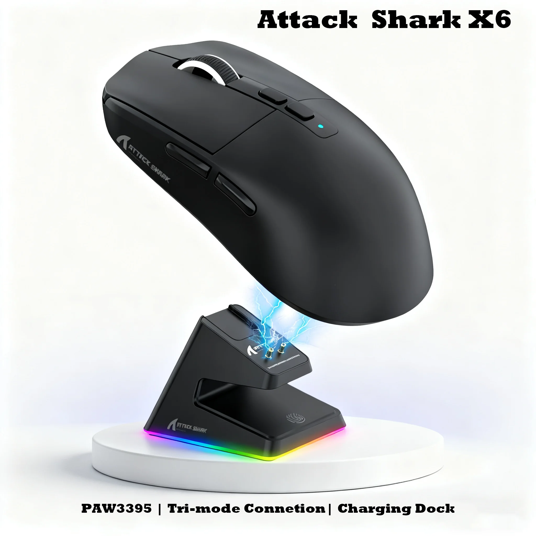 

Беспроводная игровая мышь PAW3395 26000 точек на дюйм, трехрежимная Bluetooth 2,4G, проводная, 56 г, сверхлегкая магнитная зарядная база RGB Attack Shark X6