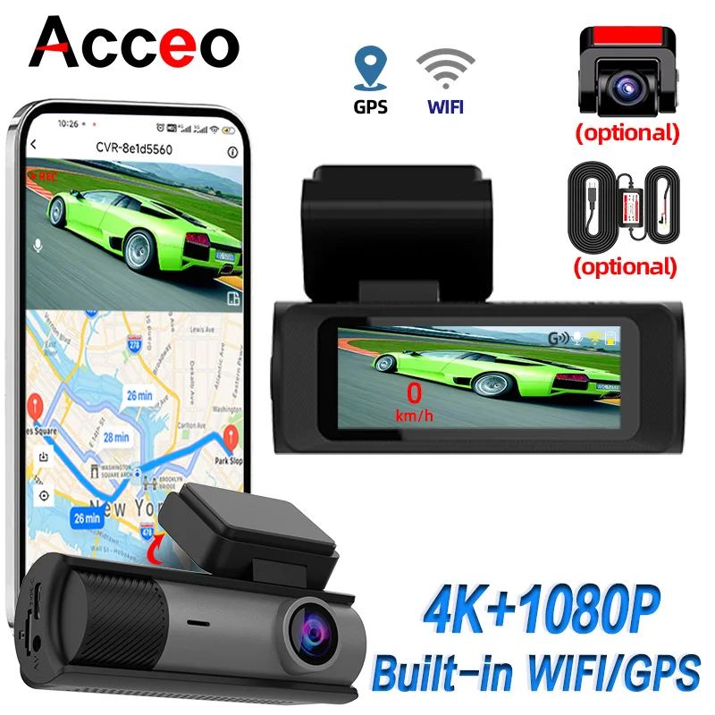 

Видеорегистратор Acceo с Wi-Fi и GPS, поддержка 4K+1080P, двухкамерная система, круглосуточный мониторинг парковки, ночное видение, G-сенсор, циклическая запись
