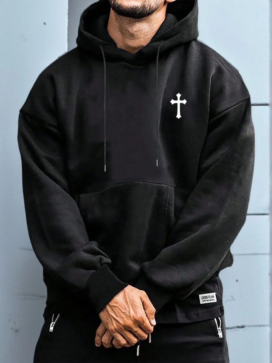 

Men's Black Minimalist Cross Graphic Hooded Sweatshirt, Casual Long Sleeve Top for Autumn Winter