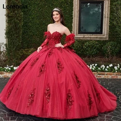 Customized  Red Quinceanera Dress Ball Gown Long Sleeve Lace Applique Beaded Bow Mexico Sweet 16 Vestidos De 15 Años YQD825