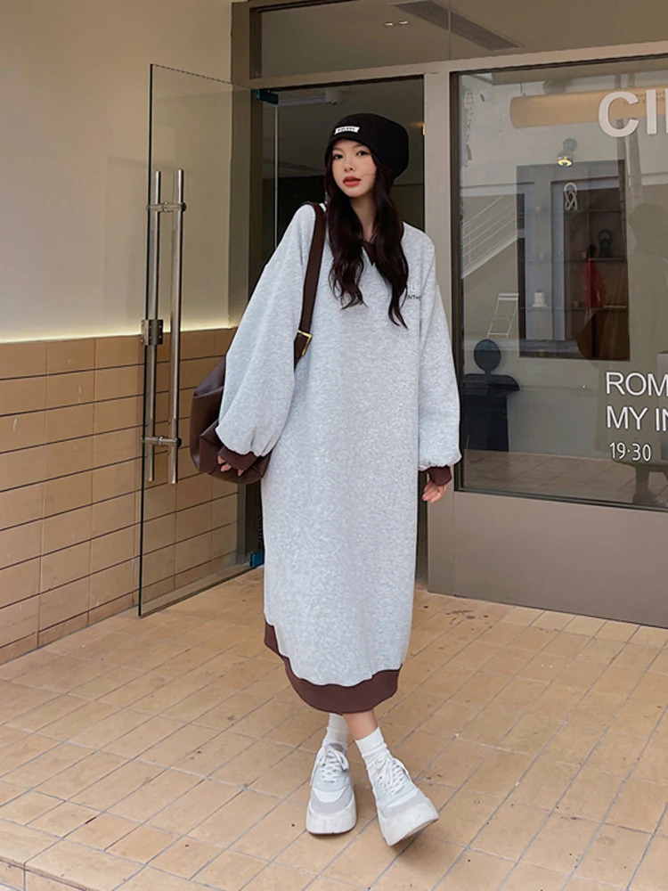 NYFS 2023 Autumn Winter New Korea Woman Dress Vestidos Robe Elbise Loose Plus Size Plus Fleece Thick Hooded Long Dresses