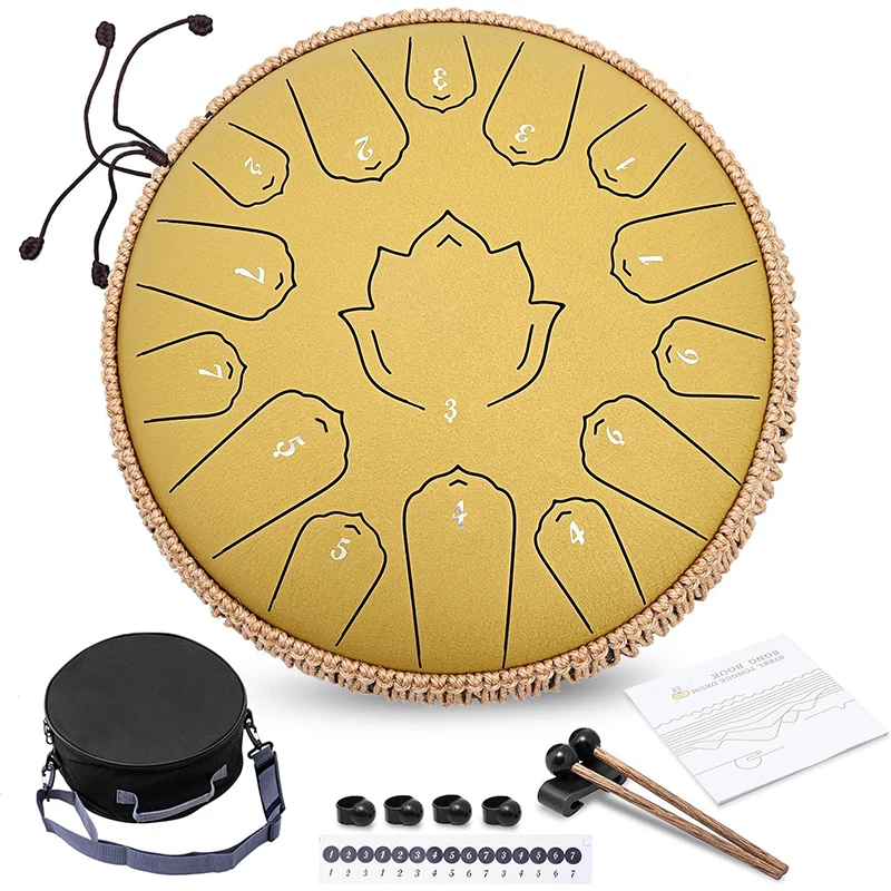 Hluru Steel Tongue Drum Glucophone 13 Inch 15 Notes C Tone Music Drum Ethereal Drum Percussion Musical Instruments Steel Drum