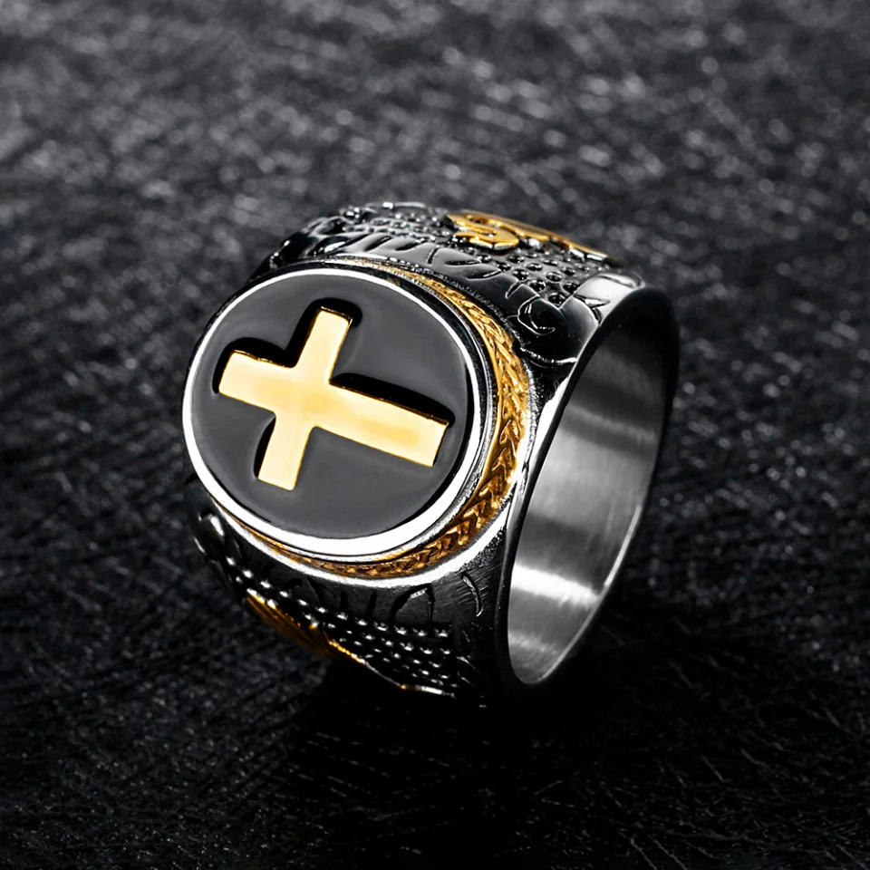 Vintage Rvs/Goud Kleur Kruis Ringen Punk Mode Christelijke Zegel Ring Voor Mannen Amulet Sieraden Geschenken Groothandel