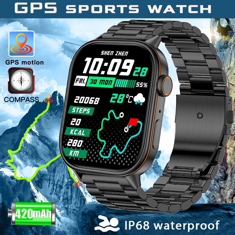 

Новые уличные GPS SmartWatch 420 мАч Точный алгоритм солнечных дорожек 2,01 "IP68 Водонепроницаемый компас Спортивный трекер BT Call Smartwatch