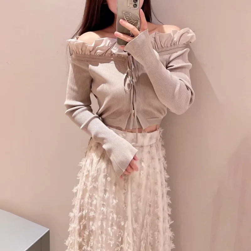 Boat Neck Design Women Knitted Tops Ruffled Strapless Long Sleeve Off Shoulder Cardigan 2024 Autumn Japan Style Female Clothes