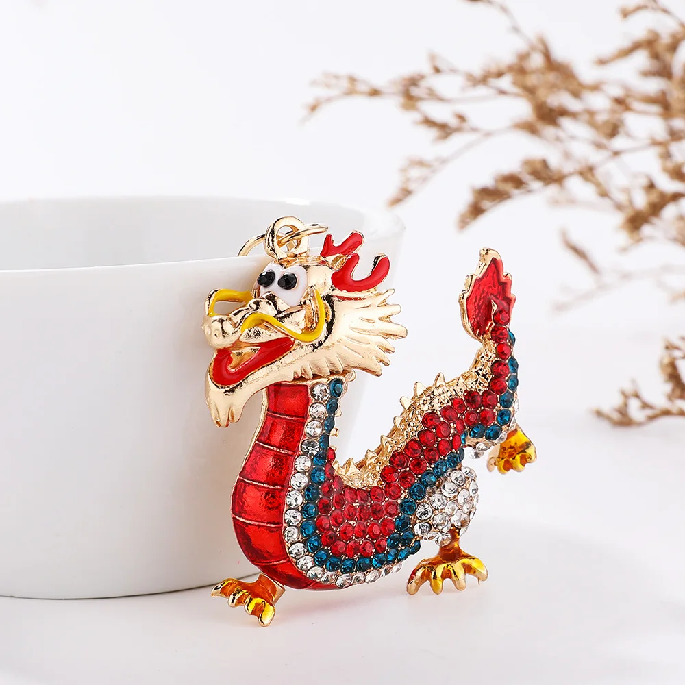 Dragon Keychains With Rhinestones Inlay Lucky Chinese Dragon Hanging Ornament Keyring 3d Cartoon 2024 New Year Gifts Key Holders