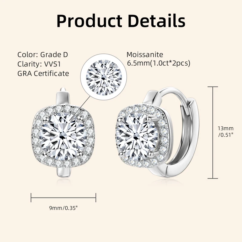 Anziw 2024 925 Silver 1.0CT 6.5MM Moissanite Hoop Huggie Earrings Gold Plated for Women Luxury Wedding Jewelry Gift &Certificate