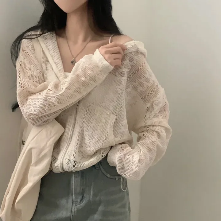 

Early Spring Lazy Wind Hooded Hollow Design Casual Zipper Thin Coat Women's Outer Shirt