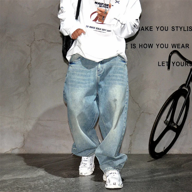 Japanese Retro Blue Washed Loose Straight Jeans Men, Stylish Wide Leg Harem Dad Pants Plus Size