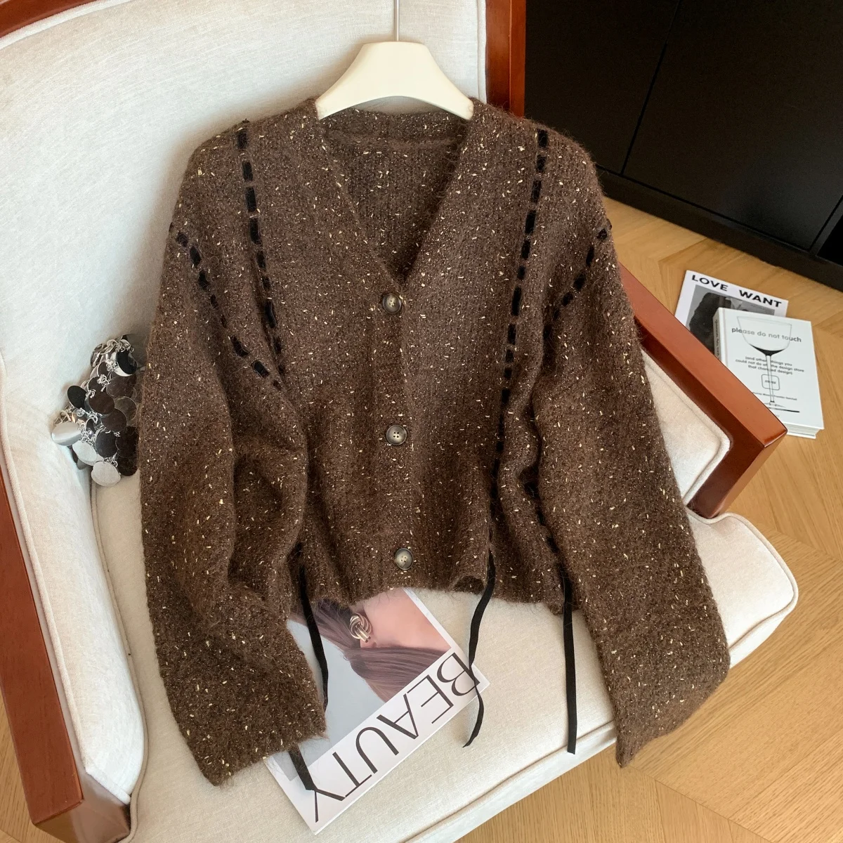 

Женский коричневый полый кардиган с v-образным вырезом, свитер Y2k, винтажный элегантный джемпер 2000-х годов, вязаный свитер большого размера с длинными рукавами, осень-зима