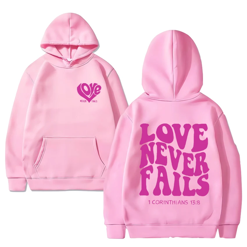 Love Never gagal hoodie kasual Preppy Christian uniseks kualitas tinggi atasan 2024 diskon besar pullover Pria Wanita dengan Cetak