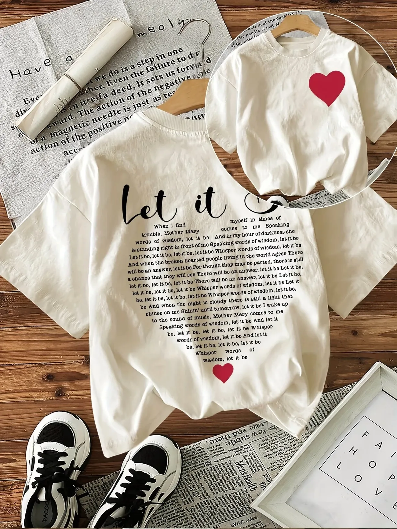 Grafisches Let It Be Love Letter Print T-Shirt aus 100 % Baumwolle für Damen, weiches T-Shirt mit Rundhalsausschnitt und kurzen Ärmeln, 90er-Jahre-Top-T-Shirt