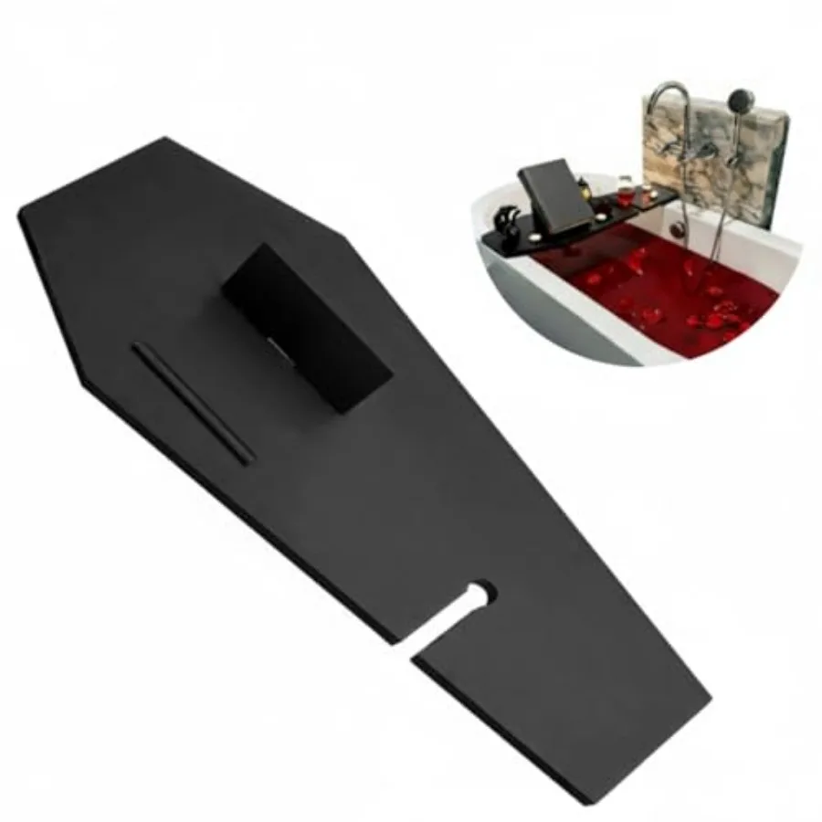 Halloween Decorations Coffin Bath Tray Gothic Coffin Serving Tray with Tablet Stand Spooky Goth Bathtub Caddy Black Wood Bath B