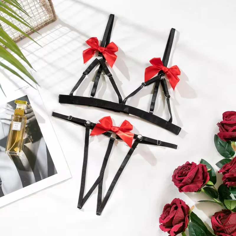 Bikini Bowknot Color Block Hollow Out Sexy Lingerie Two-Piece Set