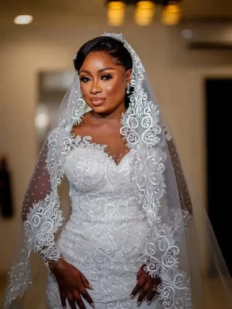 Onelife Luxury Scoop Beaded Appliques Mermaid Wedding Dresses Illusion Long Sleeves Customized Plus Size Bridal Robe De Mariée