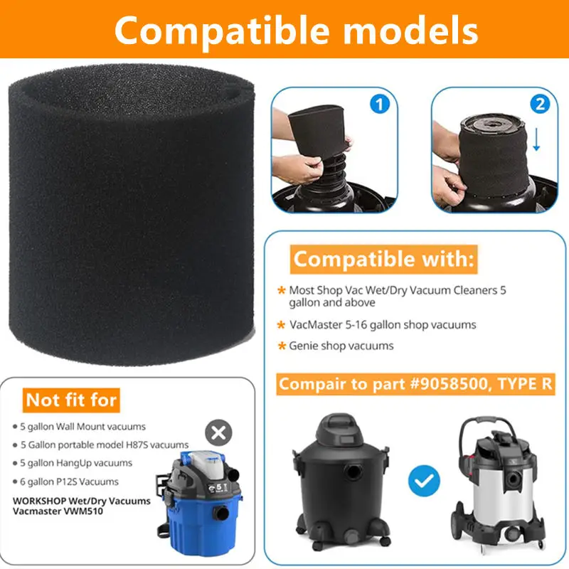 3pcs Foam Sleeve Foam Replacements Filters for Most Shop Vac Wet/Dry Vacuum Cleaners 5 Gallon Replace Parts 9058500 90585 view 4