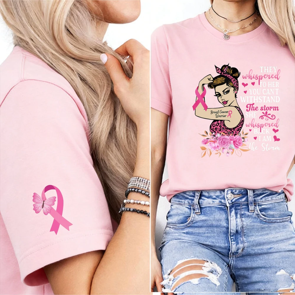 Strong Warrior Rosie Floral Pink Ribbon T-Shirt Butterfly Pink Ribbon Cuff Graphic Breast Cancer Survivor Inspirational Tee Tops