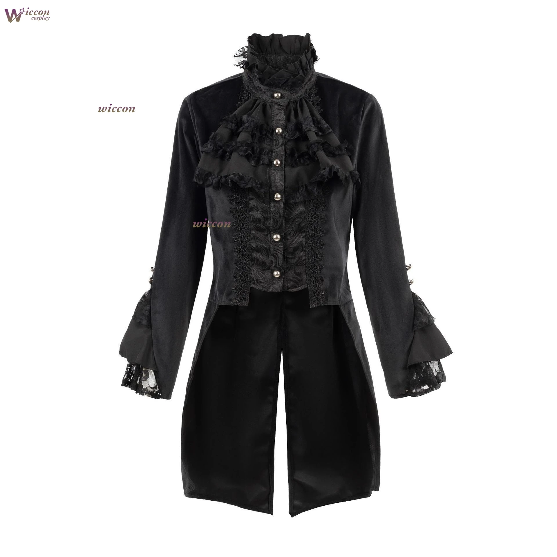 Victorian Gothic Steampunk High Low Coat Lace Trim Lace-Up Black Jacket Medieval Noble Court Women Halloween