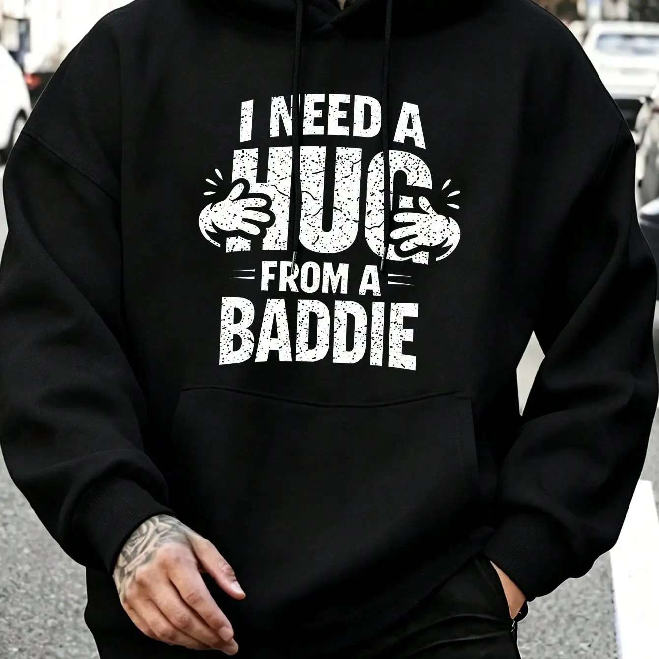 1pc Unisex Hoodie Hug Letter Print Black Hoodie, Hoodies For Men Lightweight Polyester Material, Drawstring Hoodie, Machine
