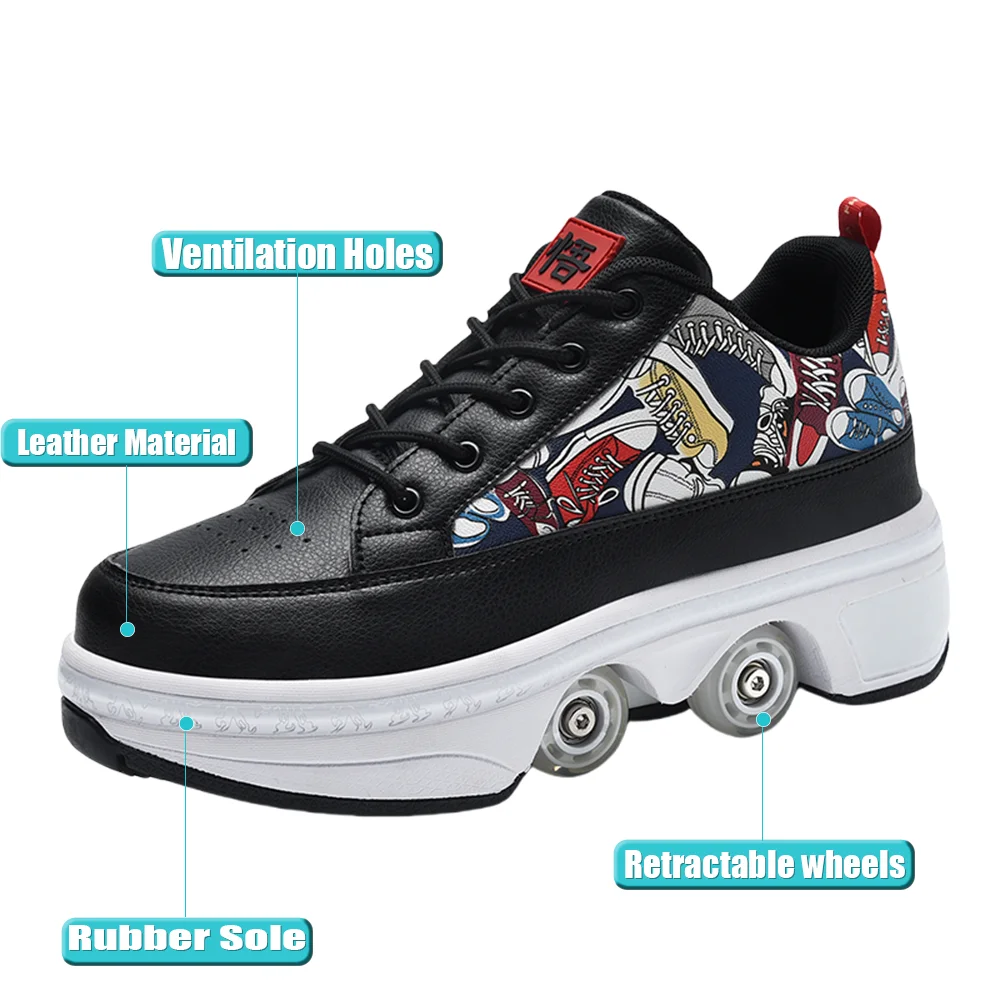 4 Wheel Telescopic Deformation Shoes With Brakes, Swivel Buckle Roller Skates, Breathable Mesh Sneakers Skates For Men And Women