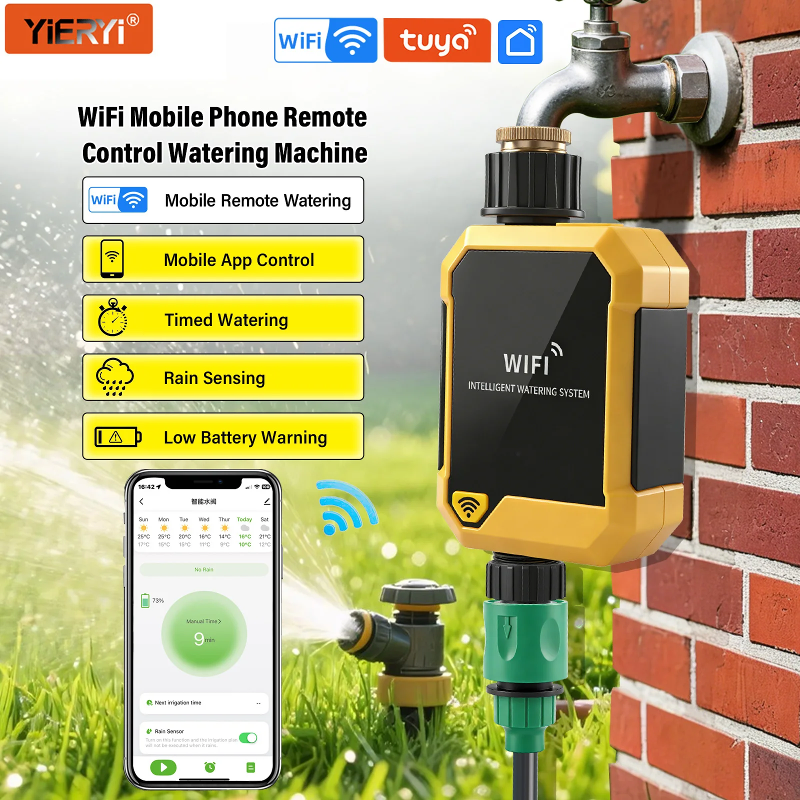 YiERYI WiFi Water Timer Smart Sprinkler Timer with Rain Sensor Remote Control Irrigation System for Garden Yard Lawn IPX6