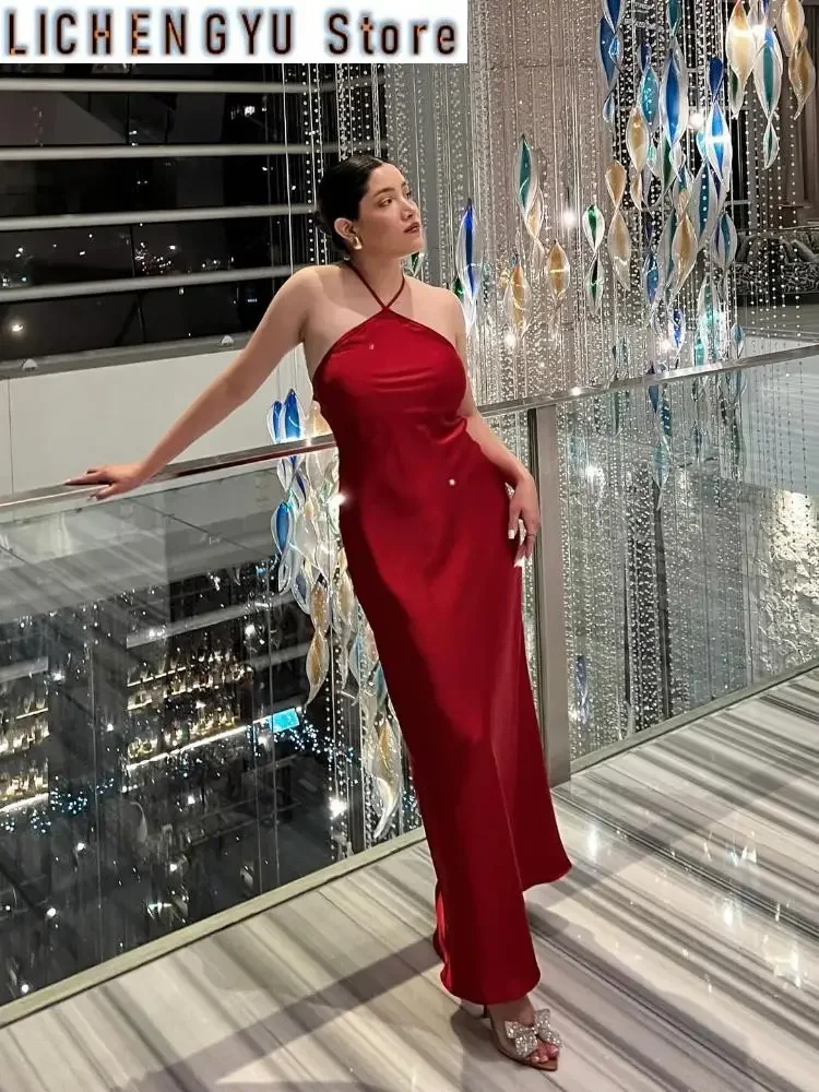 여성용 홀터 롱 드레스, 백리스 새틴 원피스, 섹시한 미디 드레스, 우아한 이브닝 파티 원피스