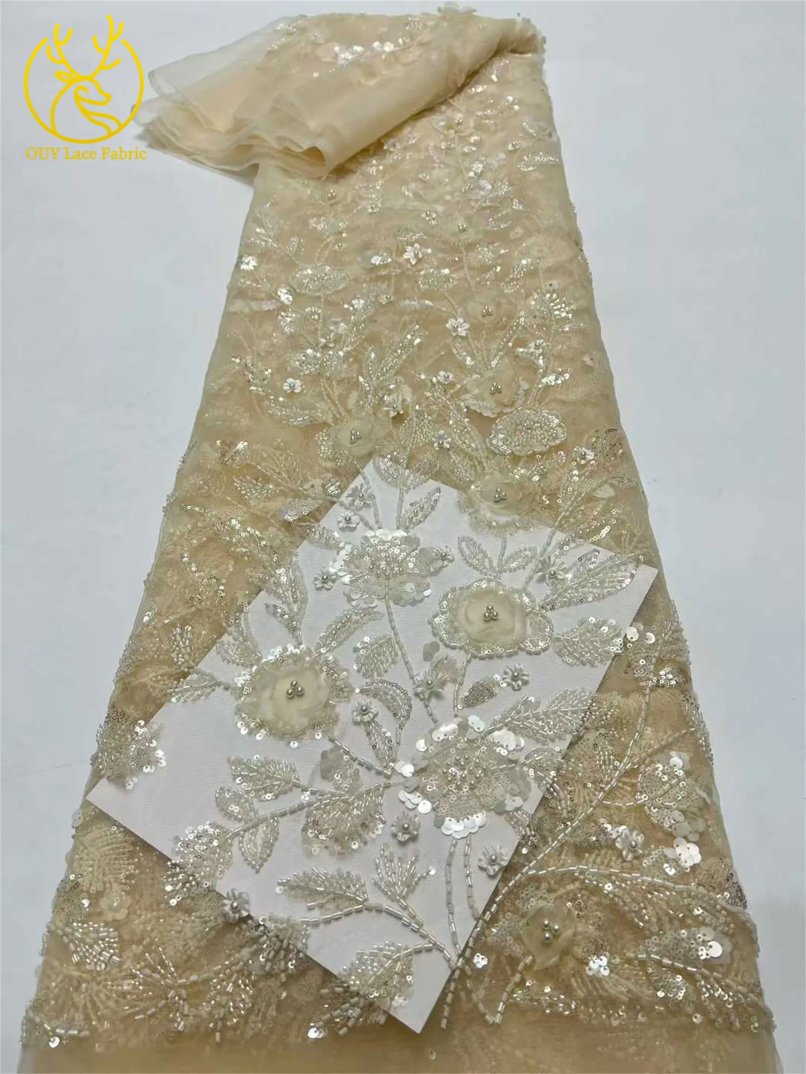 Afrikanischer 3D-Blumen-Handperlen-Spitzenstoff 2026 Hochwertiger Französischer Stil Nigerianischer Pailletten-Spitzenstoff Ideal für Partykleider – Detail 7