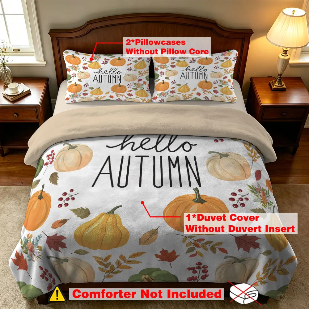 Hello Autumn Pumpkin Maple Leaf Print Milk Velvet Duvet Cover Set 3 Piece Fall Soft Flannel Bedding Set Home Decor