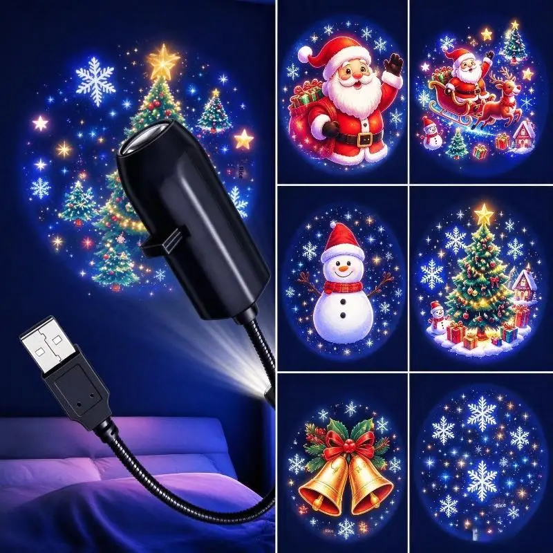 USB Christmas Projection Lamp 6 Xmas Pattern Flexible Gooseneck Projector Light For Holiday Home Wall Decoration Supply Kit