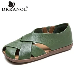 DRKANOL Summer Flat Shoes Women Cross Genuine Cow Leather Hollow Out Breathable Sandals Ladies Soft Sole Slip On Casual Loafers