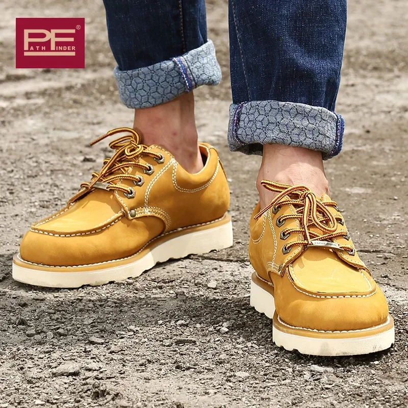 Genuine Leather Goodyear Welted Ankle Men's Boat Shoes Round-Toe Combat Work Boots Retro Western Cowboy Boots Women Yellow