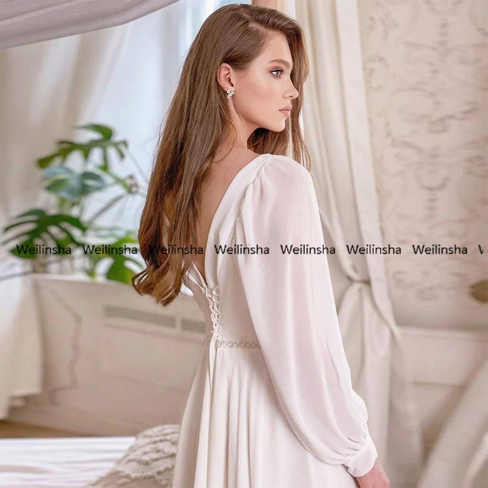 Robe De Mariée fourreau élégante, col en V, manches longues, en mousseline De soie, personnalisée, ceinture à lacets, été, 2025