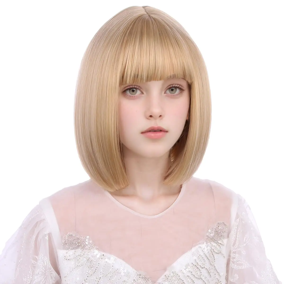 Syntetyczna mieszana blond peruka dla dziewczynek Krótka blond peruka dla blond Bob Peruka z grzywką Krótka prosta mieszana blond peruka z peruką