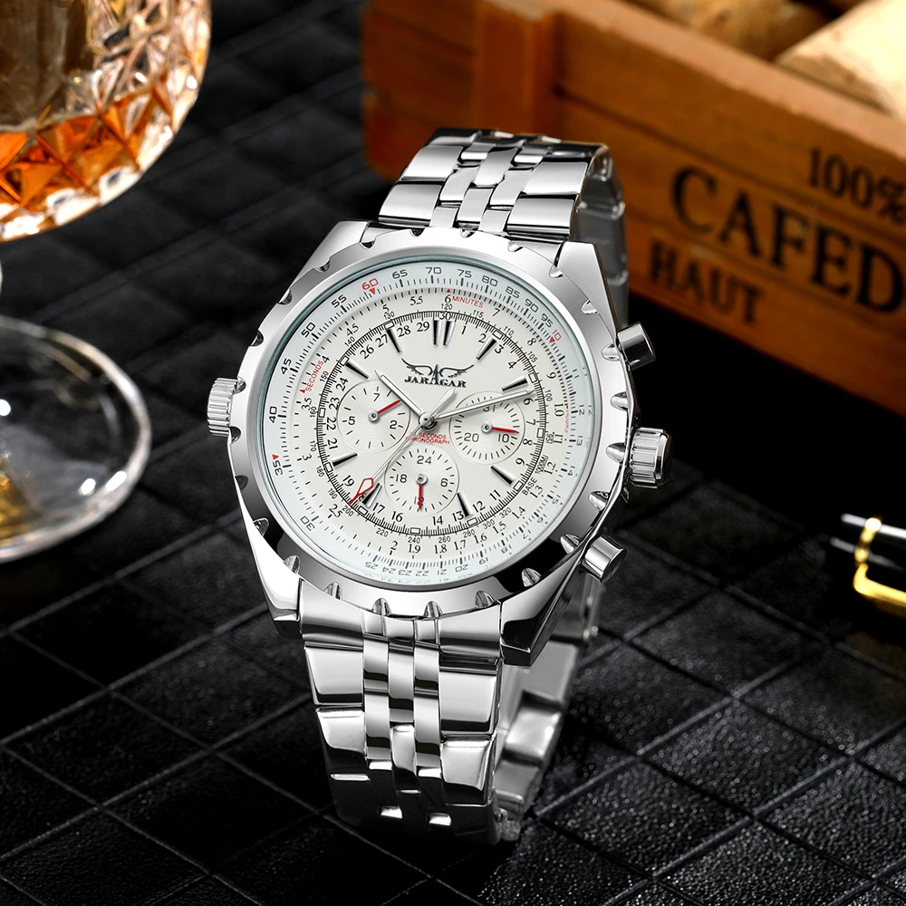 JARGAR Mechanical Men Watch Fashion Casual Automatic Classic Pilot Wristwatch Luminous Multifunctional Rotating Bezel Slide Rule