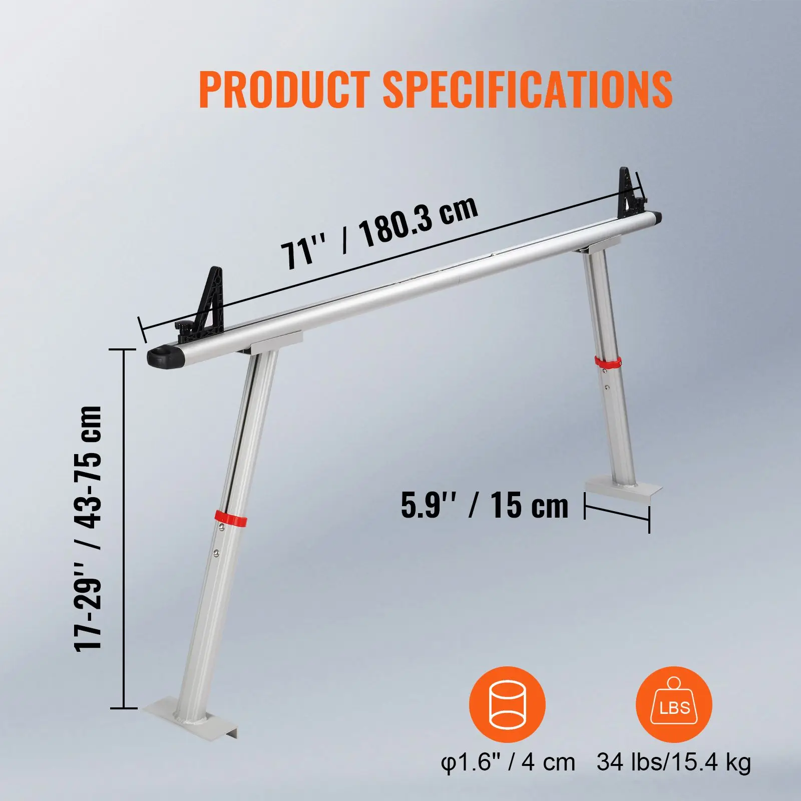 Truck Rack, 800 lbs Capacity, 19-34in Adjustable Height, Aluminum Ladder Rack for Truck with 8 Non-Drilling C-clamps, Heavy Duty Truck Bed Rack Two-Bar Set for Kayak, Surfboard, Lumber, Ladder