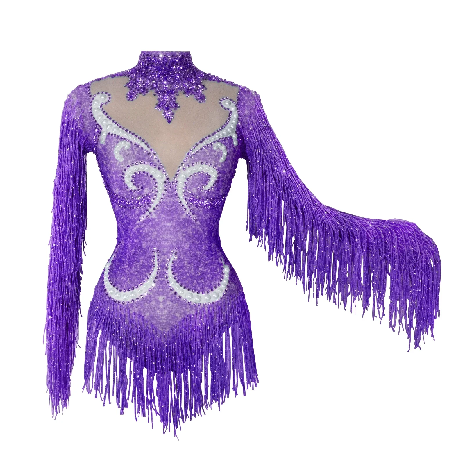 ブルークリスタルボディスーツタッセルセクシーなシースルークラブパーティー DS パフォーマンスレオタード女性の誕生日チームポールダンス着用
