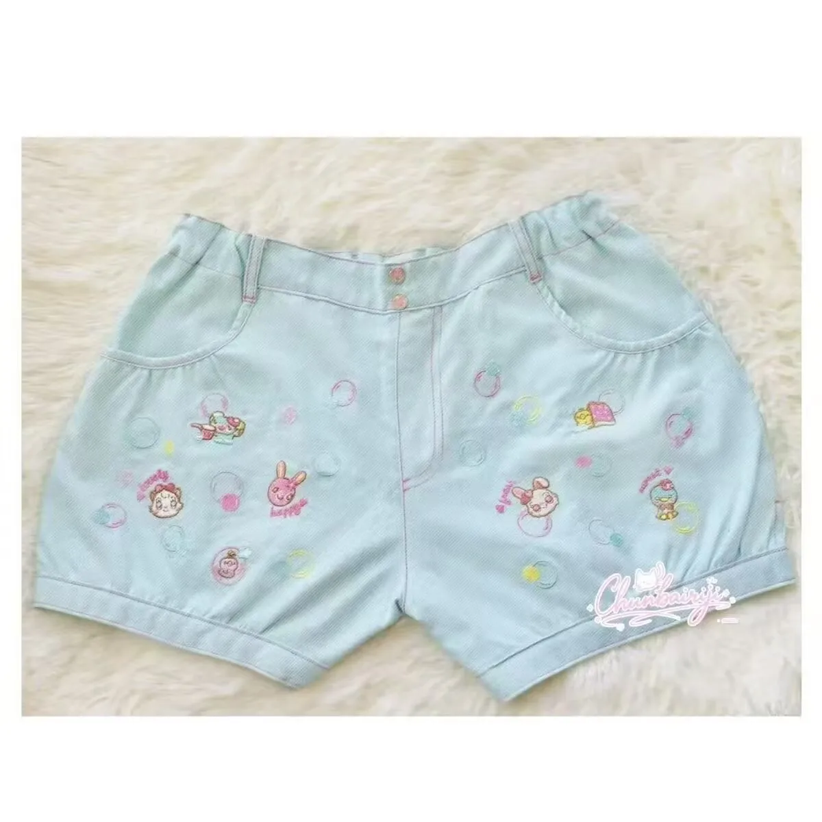 ロリータスタイルピンクショーツ女性のための河合女子高生漫画バニー刺繍ショートパンツ Y2k 美的カボチャブルーショーツ