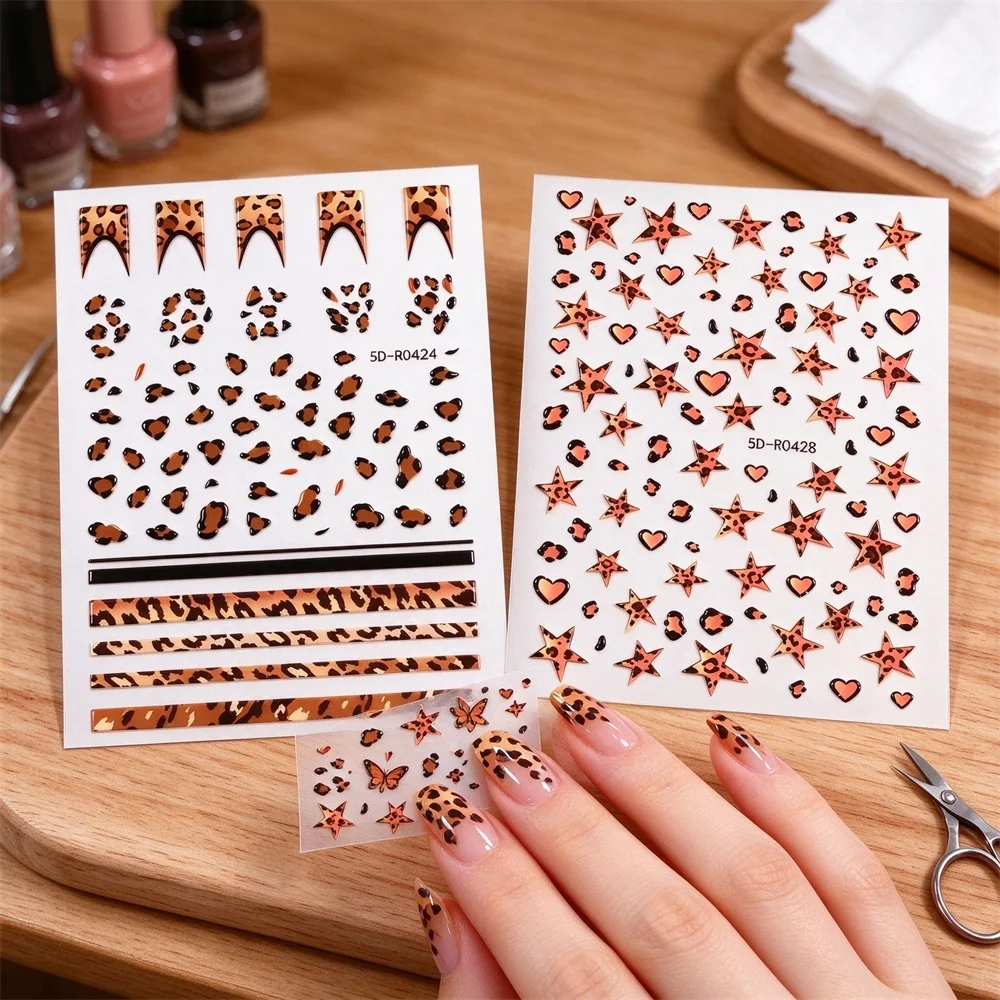 2Pcs 5D Embossed Nail Art Stickers Brown Leopard Print French V Tip Star Heart Stripes Nail Decal For DIY Manicure Daily & Party