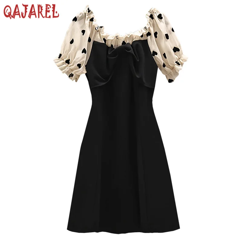 Summer Black Patchowrk Polka Dot Puff Sleeve Ruffled Slash Neck Sexy Club Mini Dress 2024 New Women Korean Elegant Hepburn Dress