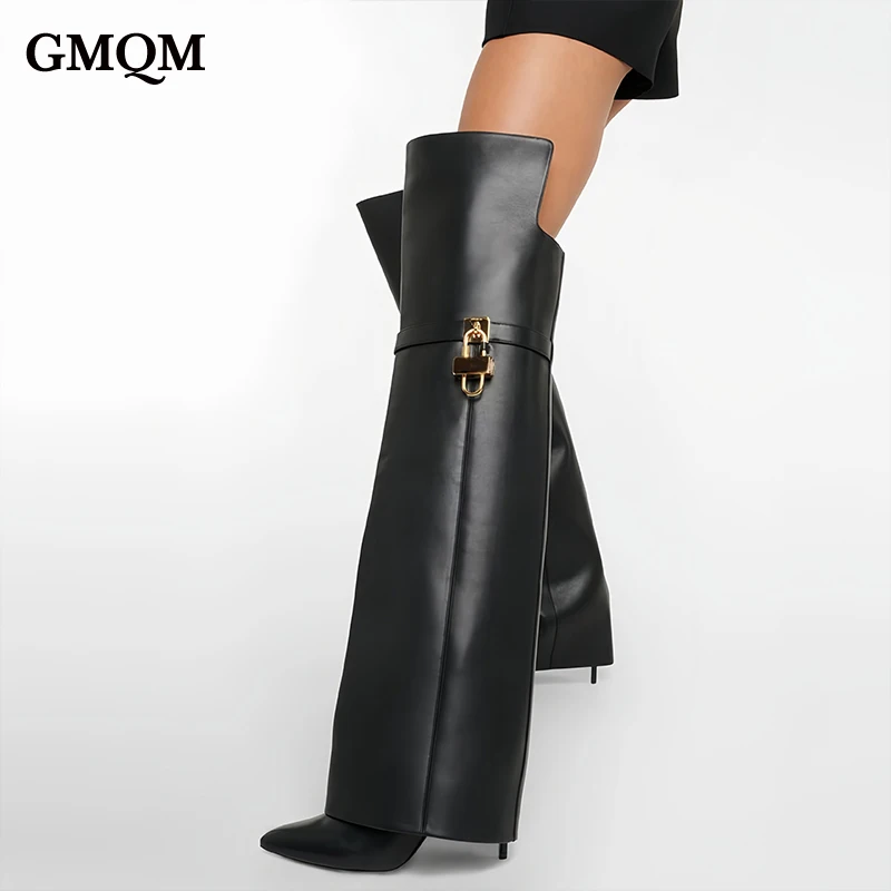 GMQM Fashion Women Over Knee Boots Pointed Toe Stiletto Long Boots Designer Ladies High Heels Black Zip Shark Lock Fold Boots