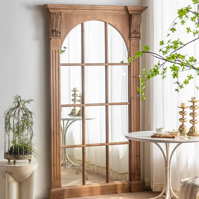 American Retro Solid Wood Floor to Ceiling Mirror Carved Fake Window Decorative Wall Mirror for Entryway Homestay Shop