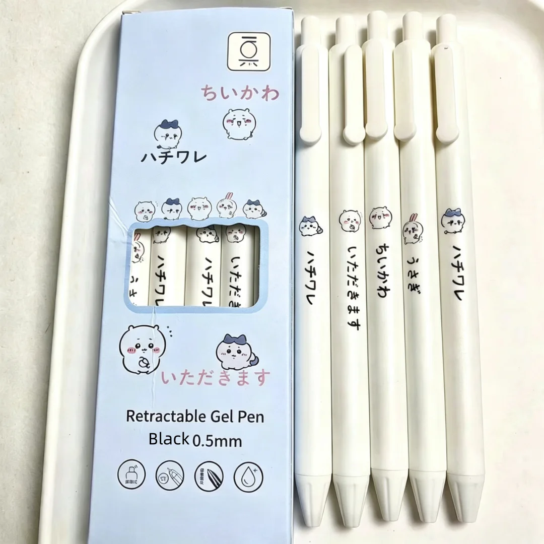 Chiikawa Characters Retractable Gel Pens 5Pcs Set, Smooth Writing Black 0.5mm Pens, Great Back to School & Birthday Gift