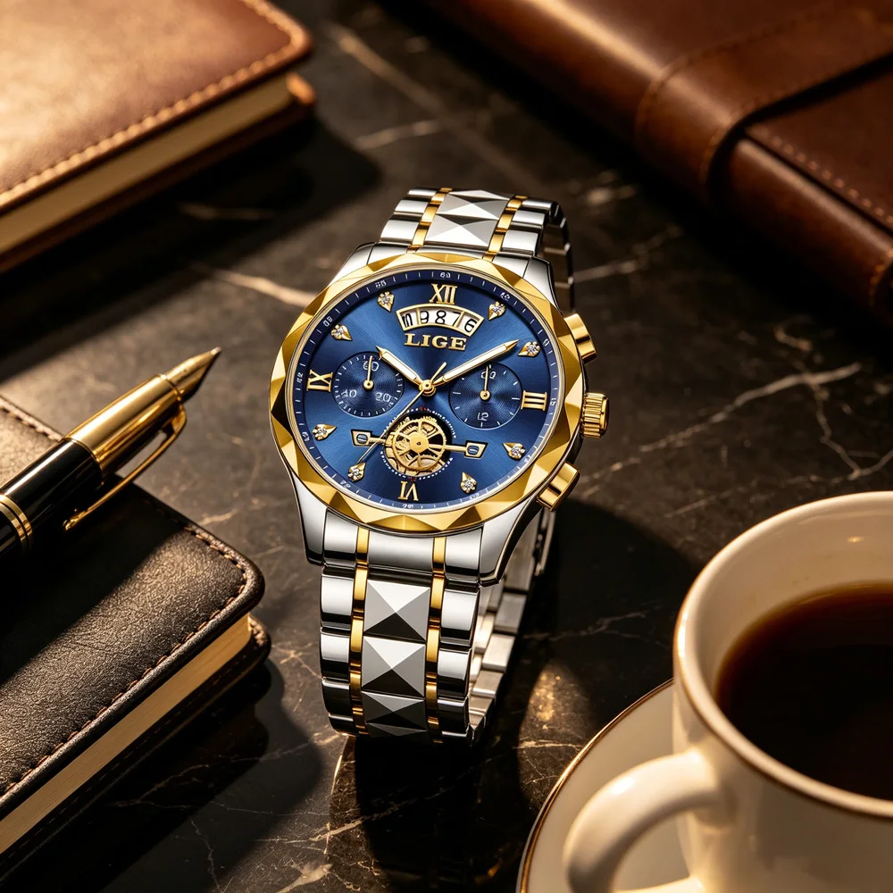 

LIGE Men Watch Flywheel Skeleton Quartz Chronograph Watch for Man Waterpoof Luminous Fashion Business Steel Mens Watches Clock