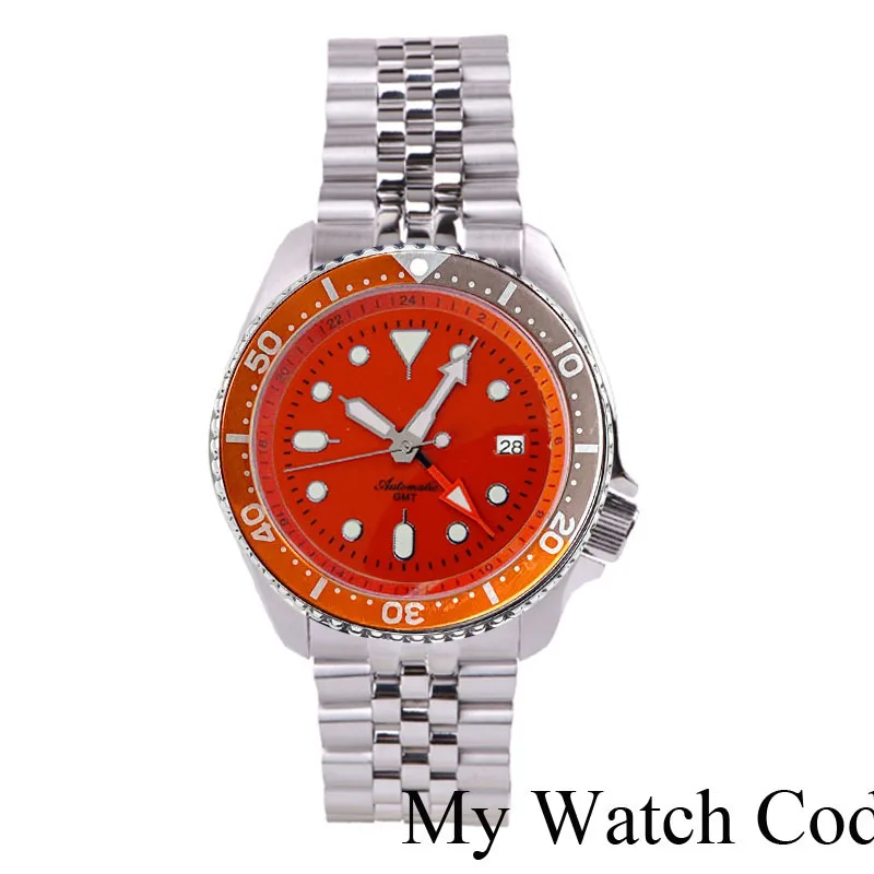 SSKX001 Orange NH34 GMT Dive Steel Mechanical Watches Men NH34 Movt 3.8 Crown 24 Hour Sports Chapter 120clicks Bezel 200m