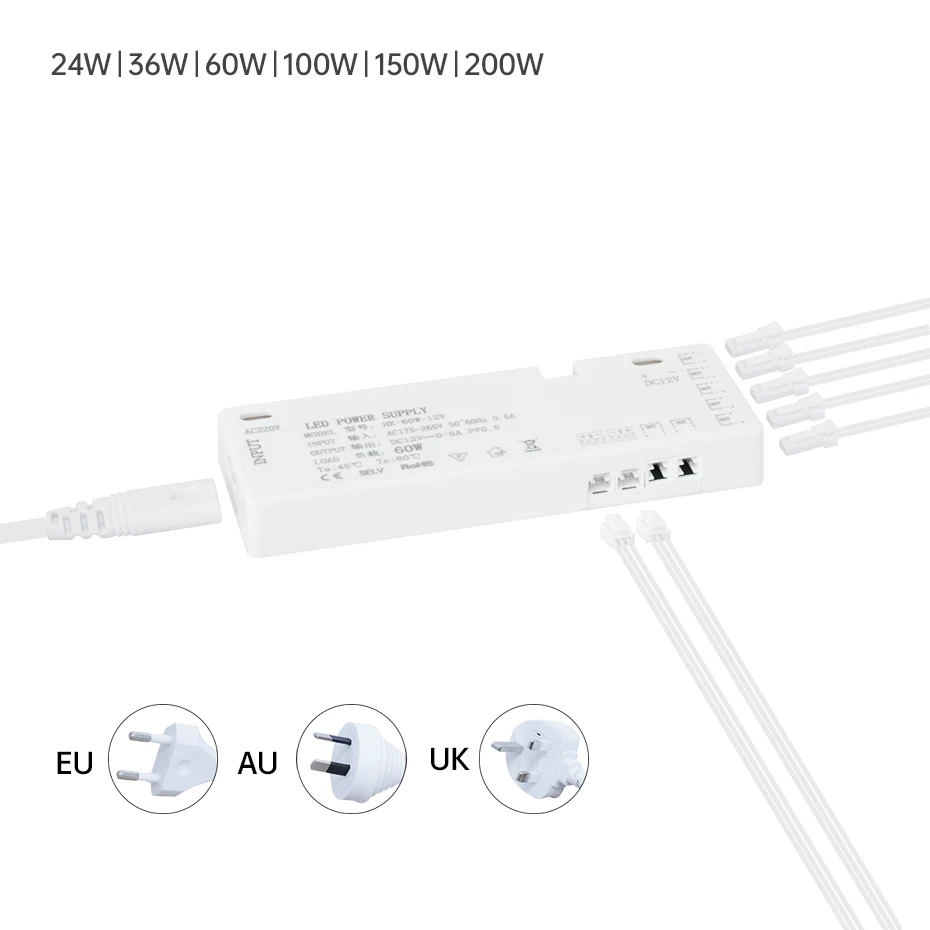 

Свет шкафа, источник питания, порт Dupont, 12 В постоянного тока, 24 В, вилка стандарта ЕС/Австралии/Великобритании, 24 Вт/36 Вт/60 Вт/100 Вт/150 Вт/200 Вт, трансформатор светодиодного освещения